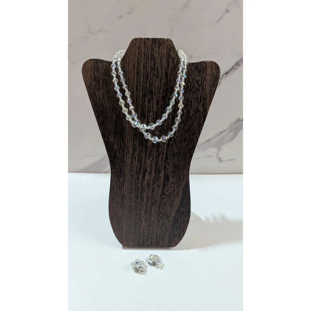 Vintage Aurora Borealis Crystal Necklace Clip-On Earring Set Double Strand Beads